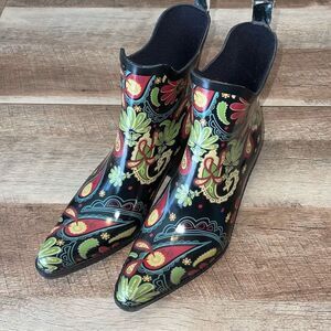 Madeline Womens Pointed Paisley Heeled Ankle‎ Rain Boots Multicolor Size 9M